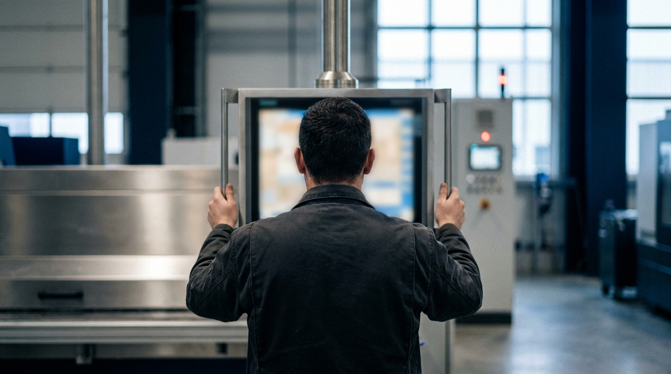 An operator, seen from behind, working at a shop-floor MES touchscreen terminal beside a machine.