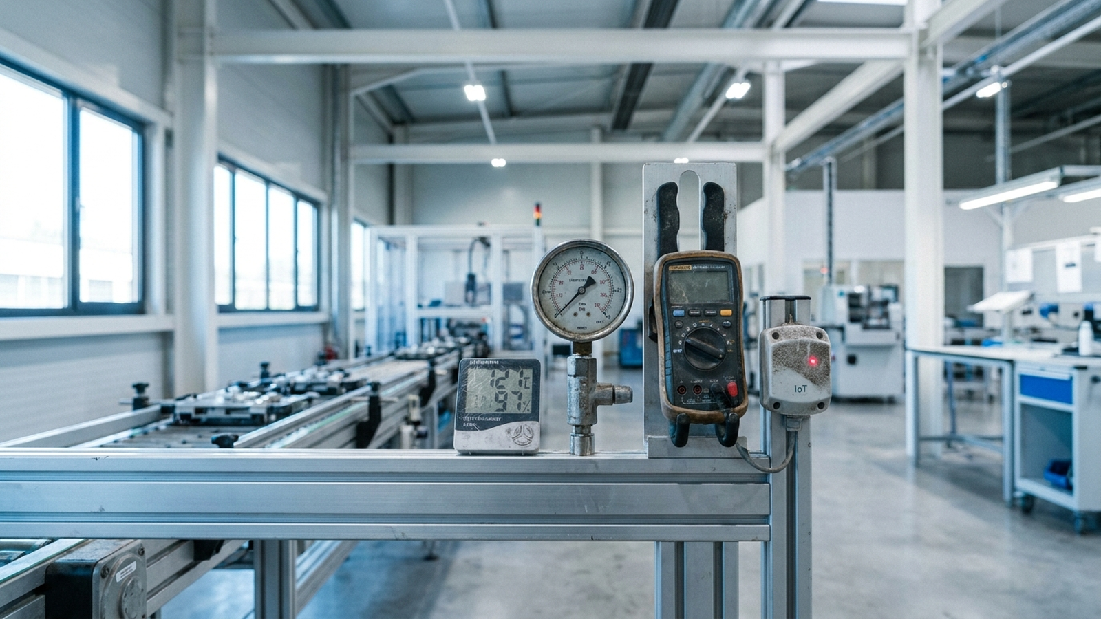 Instruments on a production line (pressure gauge, digital multimeter, temperature and humidity readout, IoT sensor) feeding readings automatically into the MES.