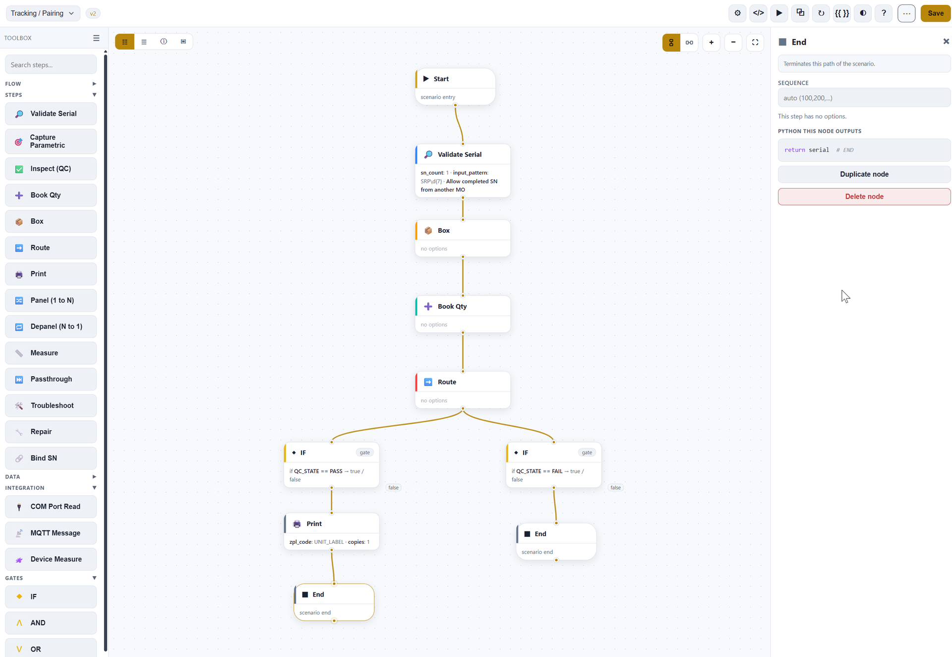 Majorbird MES Visual Process Designer, scenario editor canvas showing a branching production flow (light theme)