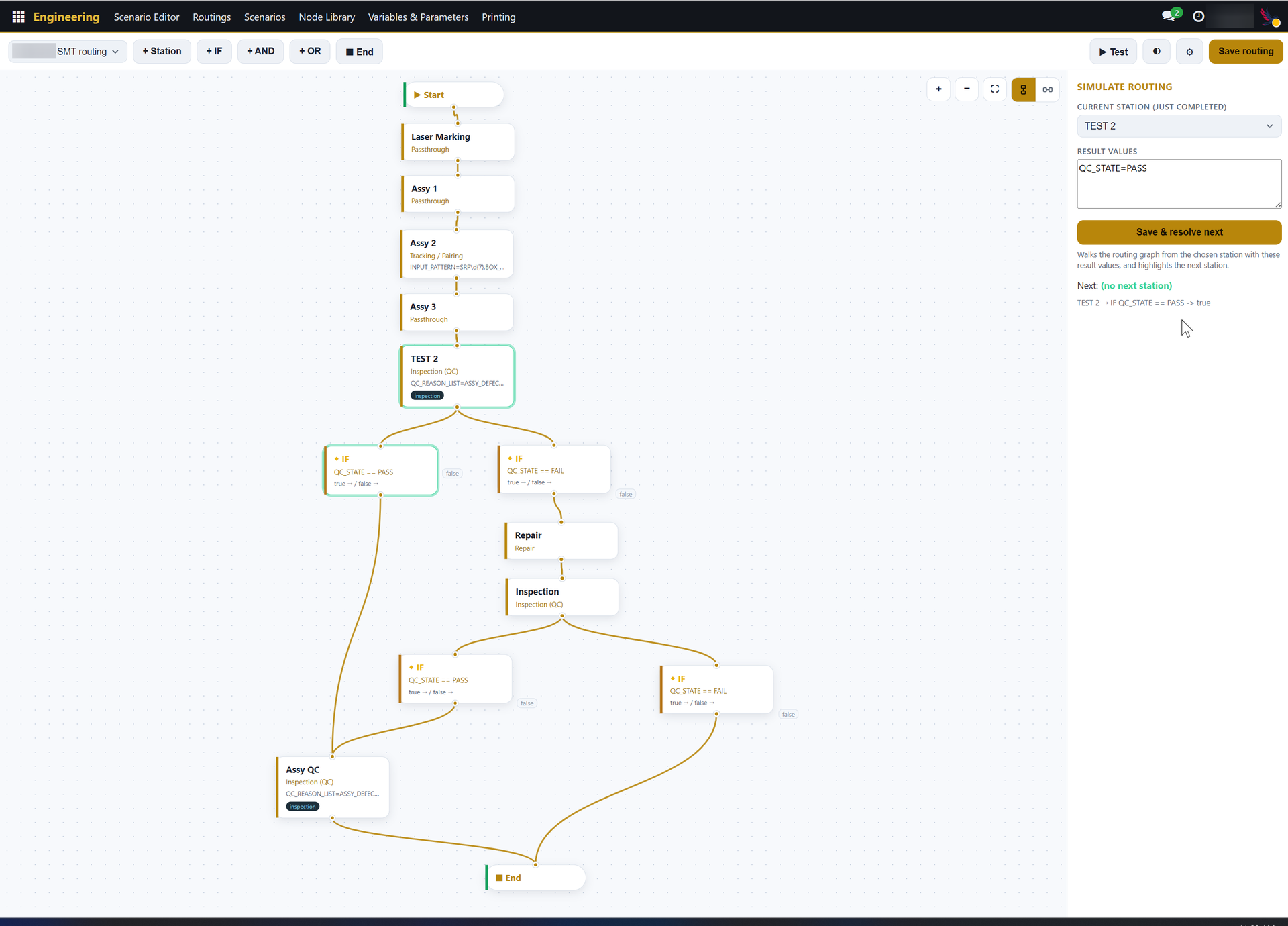 Majorbird MES routing editor, branch resolving on TEST 2, the green IF QC_STATE==PASS path highlighted (client name masked)